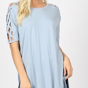 CrissCross Shoulder Short Sleeve top w/ Hi-Lo Hem